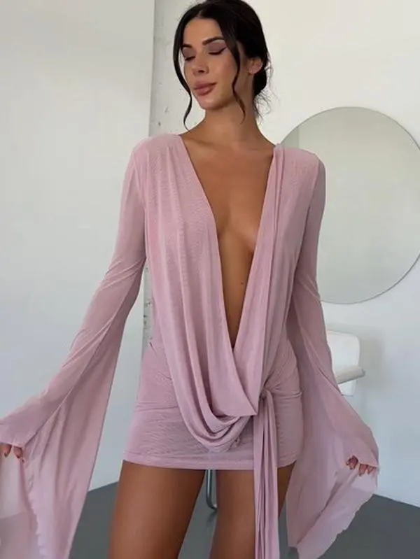 MESH Cowl Neck Backless Bodycon SEE-THROUGH Dress Womenswear Party Style Birthday Summer Chic Brown