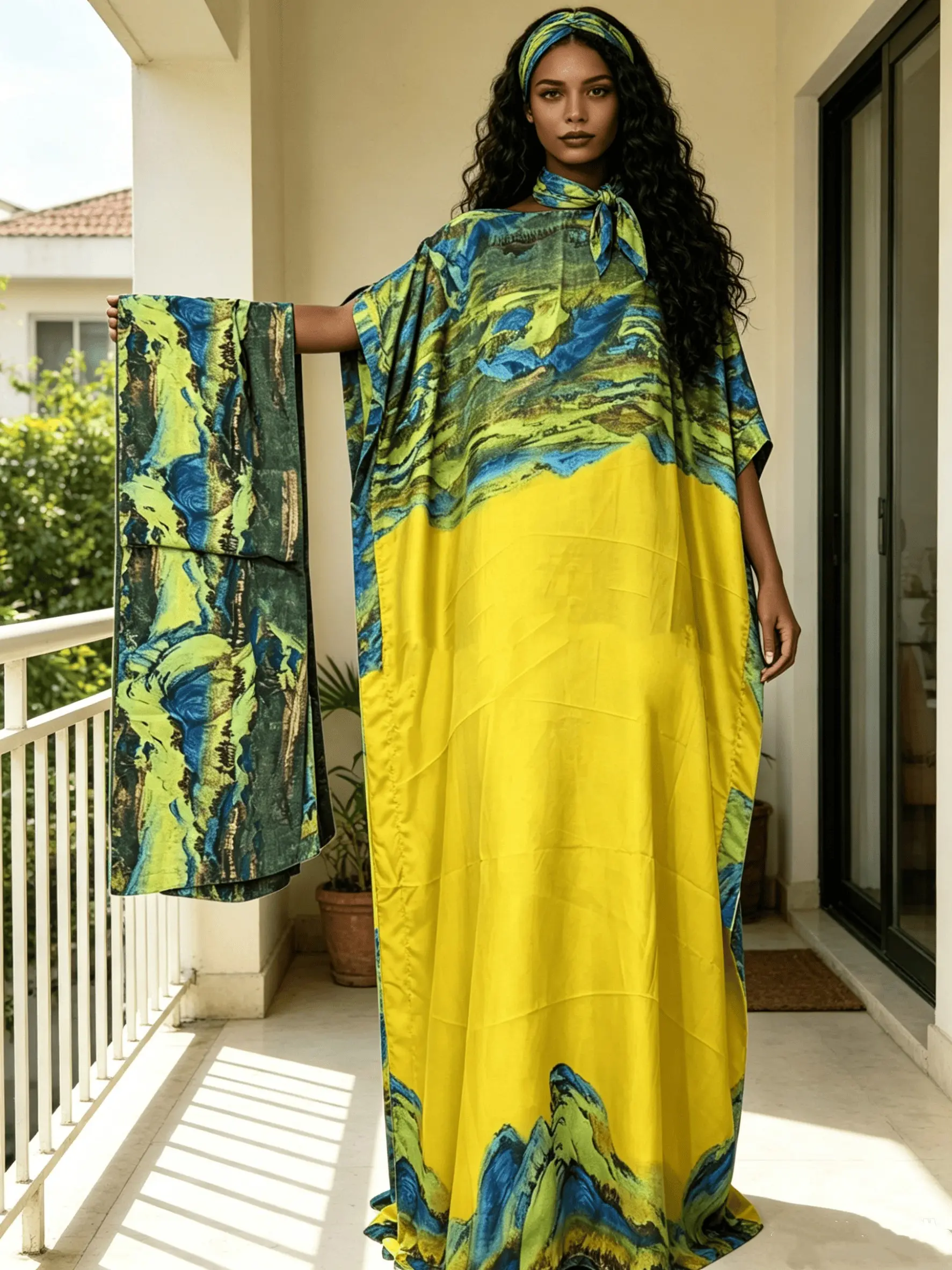 2026 New Women's 2 Piece Yellow & Blue Abstract Print Kaftan Maxi Dress with Matching Scarf, Silky Loose Satin Robe, Plus Size Friendly, Beach Cover Up, Resort Vacation & Evening Party Wear