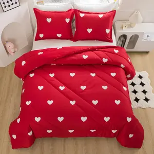 Love  Comforter Set - Romantic White Heart Print Red Bedding Comforter 3 count Matching Pillowshams