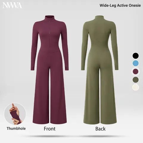 NVWA Women's Athletic Jumpsuit - Long Sleeve Front Zip Mock Neck Wide Leg Full Length Bodysuit with Thumb Holes, Slim Fit High Elasticity Activewear, Chic Modern Fitness Wear for Gym & Streetwear