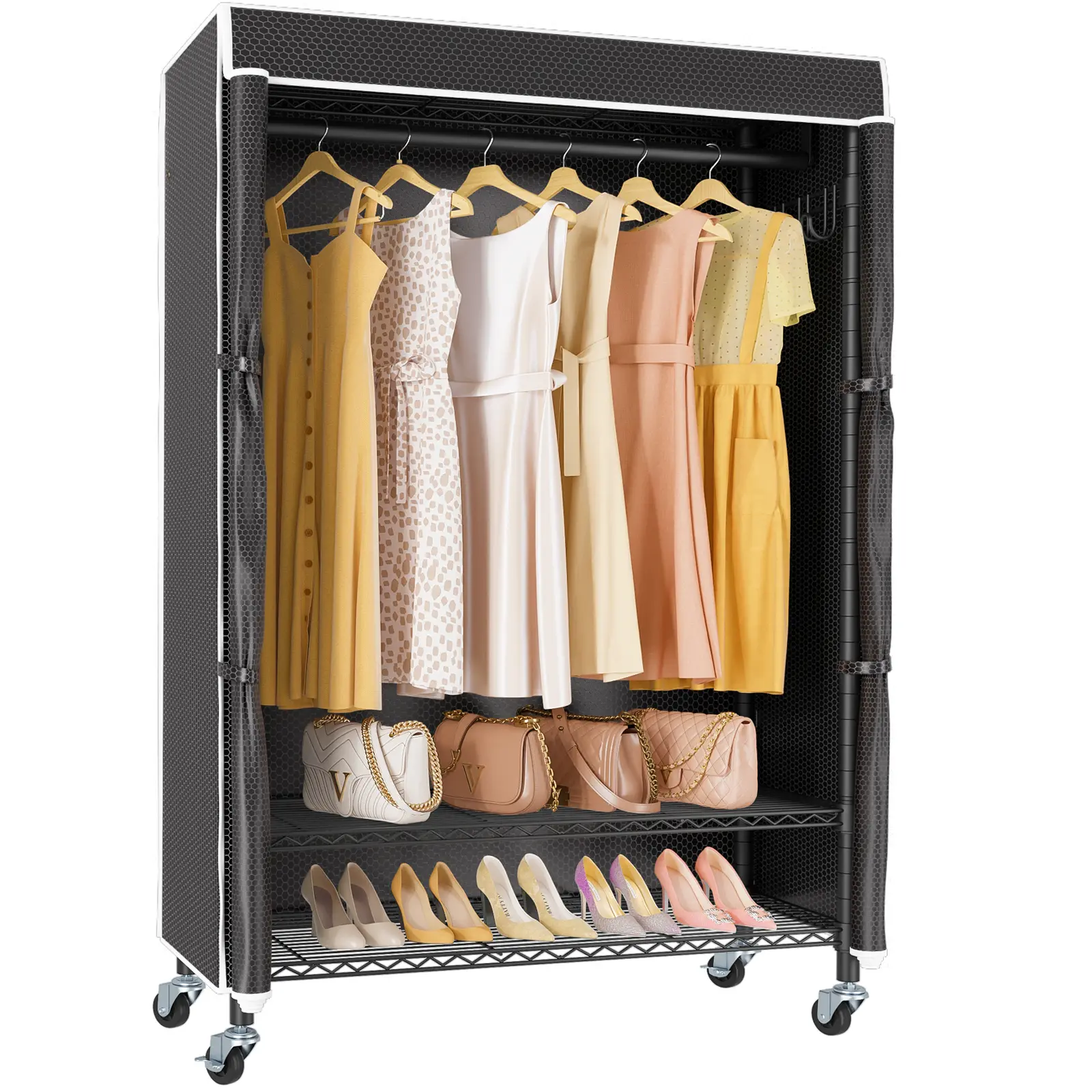 VIPEK R3C Carbon Steel Heavy-Duty Rolling Clothes Rack with Cover, Wheels, Hanging Rod & Adjustable Shelves - Iron Frame Large Hanging Storage Wardrobe, Freestanding Wardrobe Storage Rack, Closet Storage