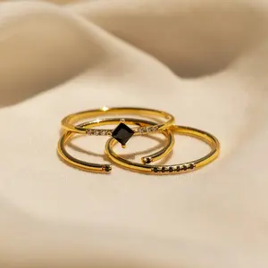 Black Abyss Ring Set by Caitlyn Minimalist - Dainty Black Onyx Stackable Ring Set in 18K Gold Finish & Sterling Silver - Art Deco Jewelry - Gift for Her