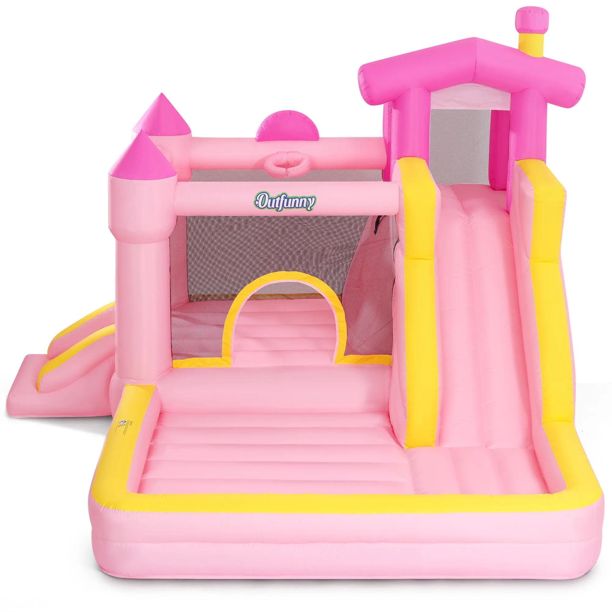 Outfunny Inflatable Bounce House - Large Kiddie Inflatable Playground with Slide, 450W Blower, 6-in-1 Interactive Zones for Gross Motor Play, Indoor/Outdoor Safety-Focused Year-Round Kids’ Gift