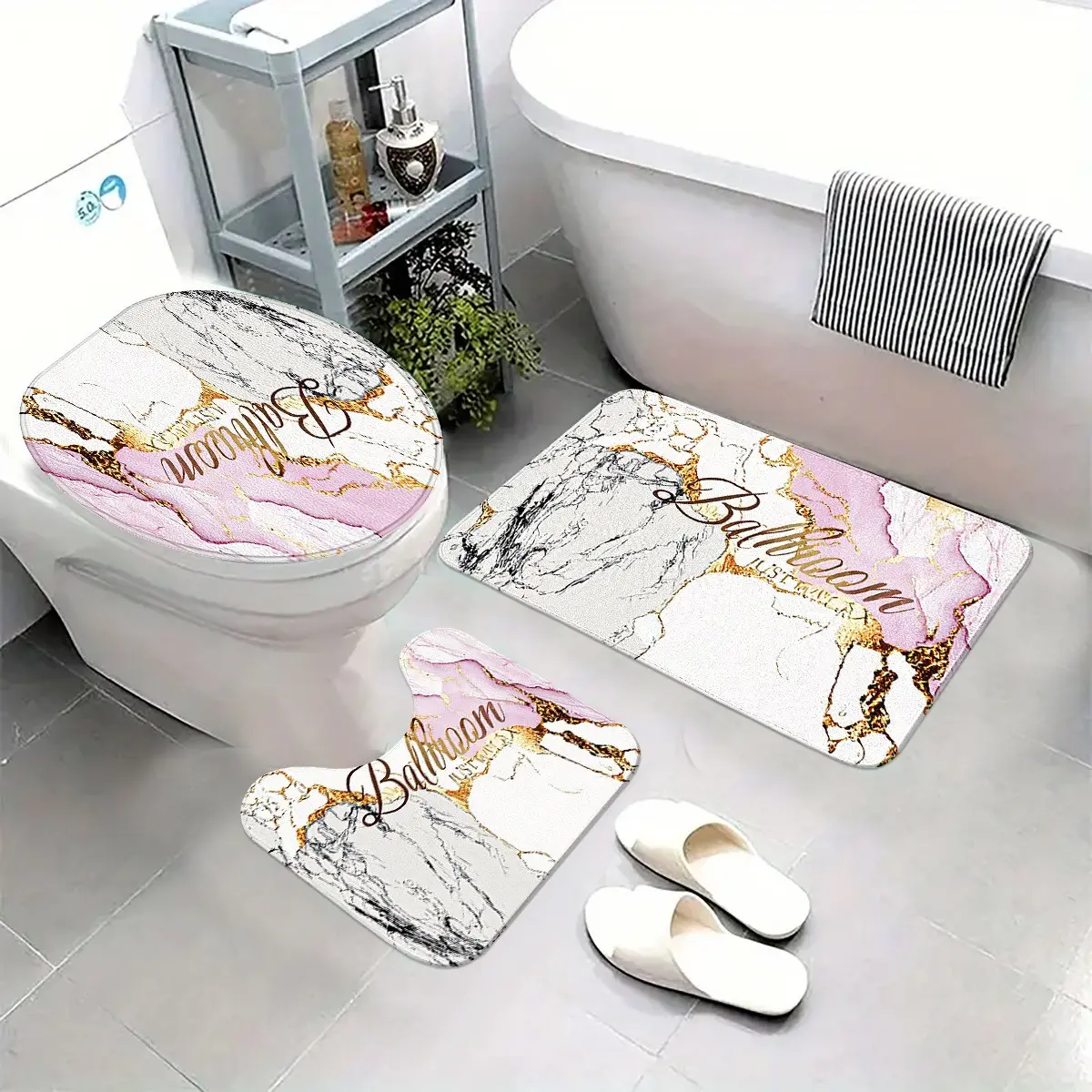 Luxury Gold Marble Toilet Mat Set, Non-Slip Absorbent Bathroom Rug, Soft Comfortable U-Type Bath Mat Suite, Floral Pattern, Bathroom Floor Mat, Bathroom Rugs Set, Bath Mats for Bathroom, Nonslip Bathroom Rugs