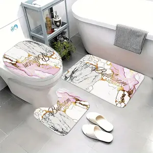 Luxury Gold Marble Toilet Mat Set, Non-Slip Absorbent Bathroom Rug, Soft Comfortable U-Type Bath Mat Suite, Floral Pattern, Bathroom Floor Mat