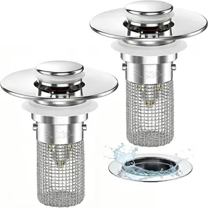 2PCS Bathroom Sink Stopper Hair Catcher, Pop Up Sink Drain Stopper with Strainer & Filter, Universal Drain Plug for Sink Drain & Replacement, Sink Drain Cover with Basket for Bathroom Stopper