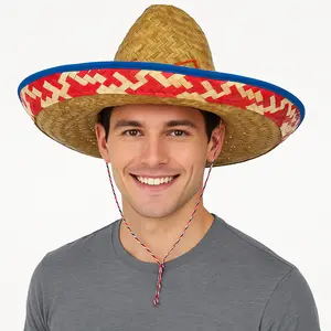 Fiesta Straw Sombrero Hat with Colorful Rim - One Size Fits Most