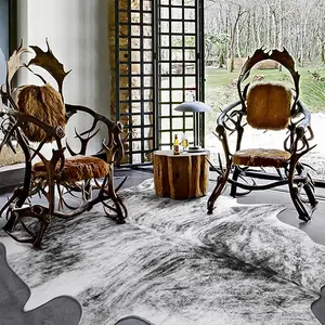 [Year End Sale] Black / Grey Premium Faux Cowhide Rug, Cute Cow Print Rug for Living Room, Home Office ,Bedroom, Fireplace Floor Mats Faux Cow Hide Animal Print Carpet for Bedroom Office Table, 4.5 x 5.2 Feet, 5.2 x 6.2 Feet