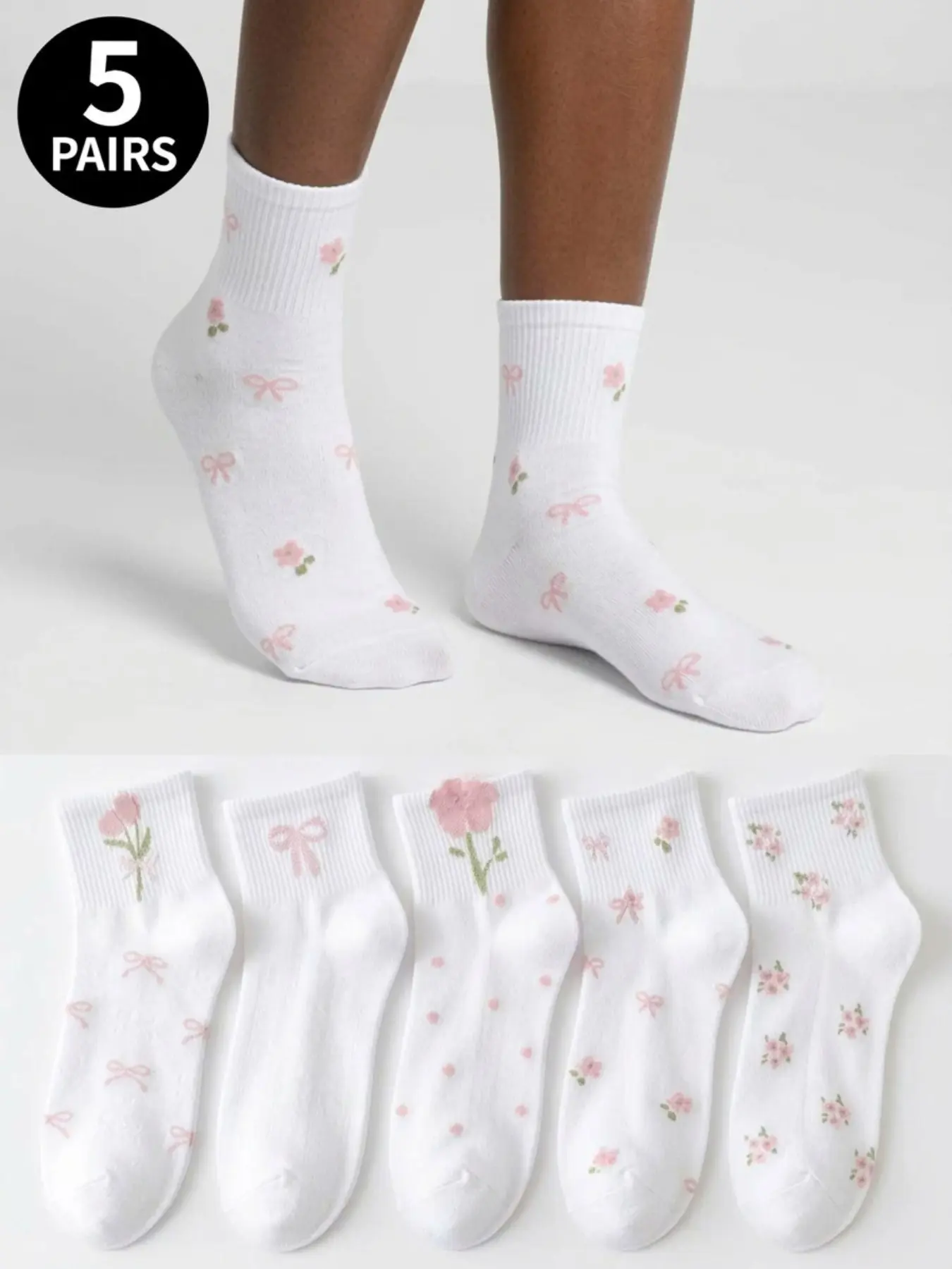 5 pairs of white and pink women's ankle socks Featuring floral and bow embroidery designs Breathable and comfortable mid-calf socks Ideal for everyday wear Perfect for spring and summer seasons Casual socks Floral Pattern Socks Casual Daily Socks