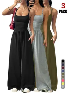 Women's Sleeveless Jumpsuit, Pleated Waist Wide-Leg Pants, One-Piece Design, Fitted Style, All-Season Wear, Organic Textile Material