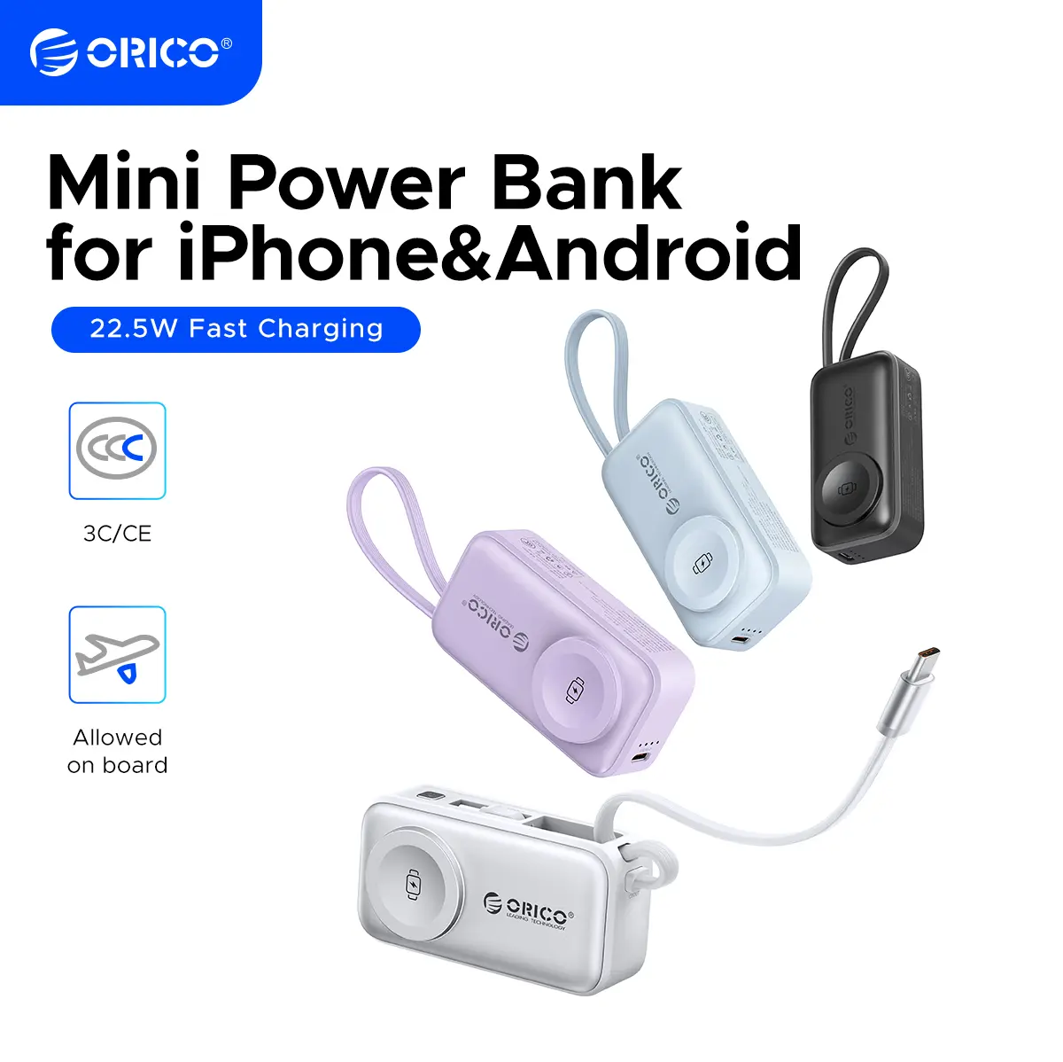 ORICO 3-in-1 Folding Chargeable Portable Power Bank with Integrated Cable, Apple Watch Wireless Charging, Foldable Phone Stand - Compact Fast-Charge Mobile Phone Accessory for iPhone & Android Smartphones - S18