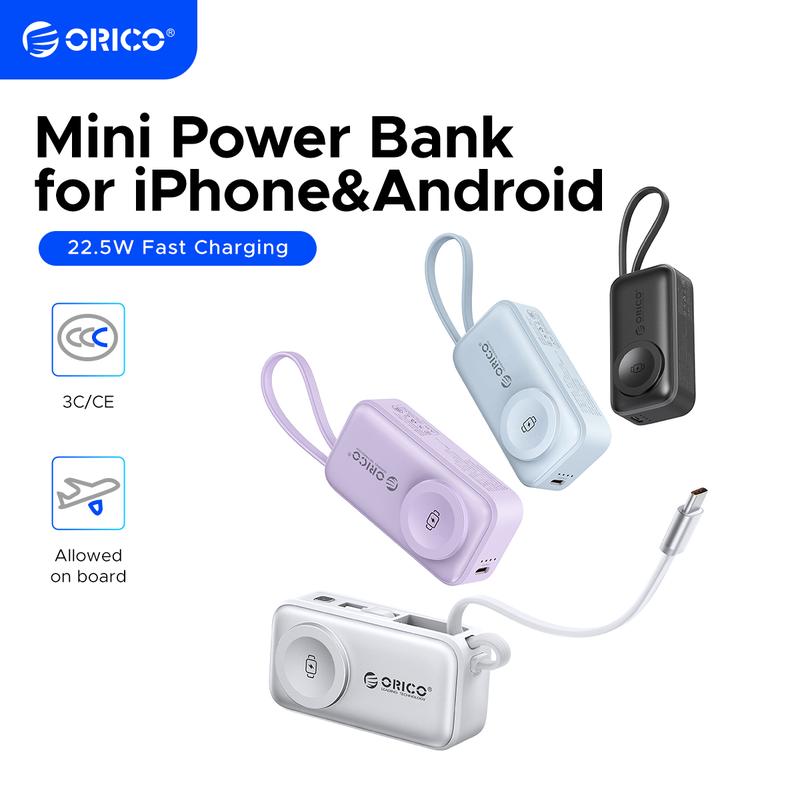 ORICO 3-in-1 Folding Chargeable Portable Power Bank with Integrated Cable, Apple Watch Wireless Charging, Foldable Phone Stand - Compact Fast-Charge Mobile Phone Accessory for iPhone & Android Smartphones - S18