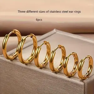 6PCS Minimalist Stainless Steel Circle Earrings 8/10/12mm Set - 3 Pairs Exquisite Women's Cartilage Helix Tragus Tiny Thin Hoop Earrings Fashion Accessory