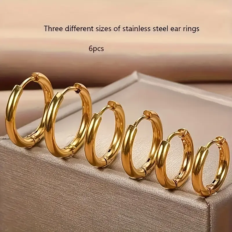 6PCS Minimalist Stainless Steel Circle Earrings 8/10/12mm Set - 3 Pairs Exquisite Women's Cartilage Helix Tragus Tiny Thin Hoop Earrings Fashion Accessory