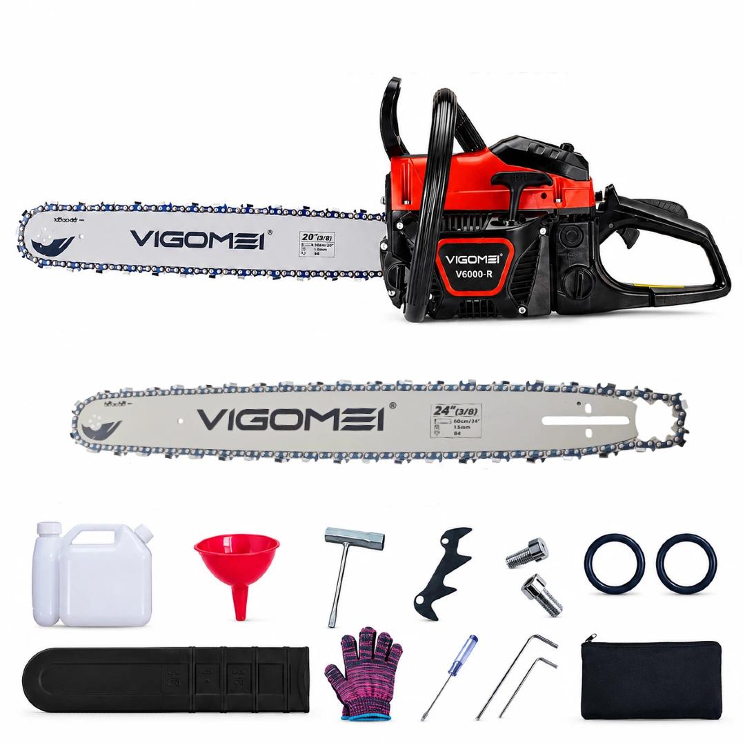58CC 2-Cycle Gas Chainsaw with 20 in + 24 in Guide Bars, 3/8" Pitch Chain for Tree Cutting, Logging