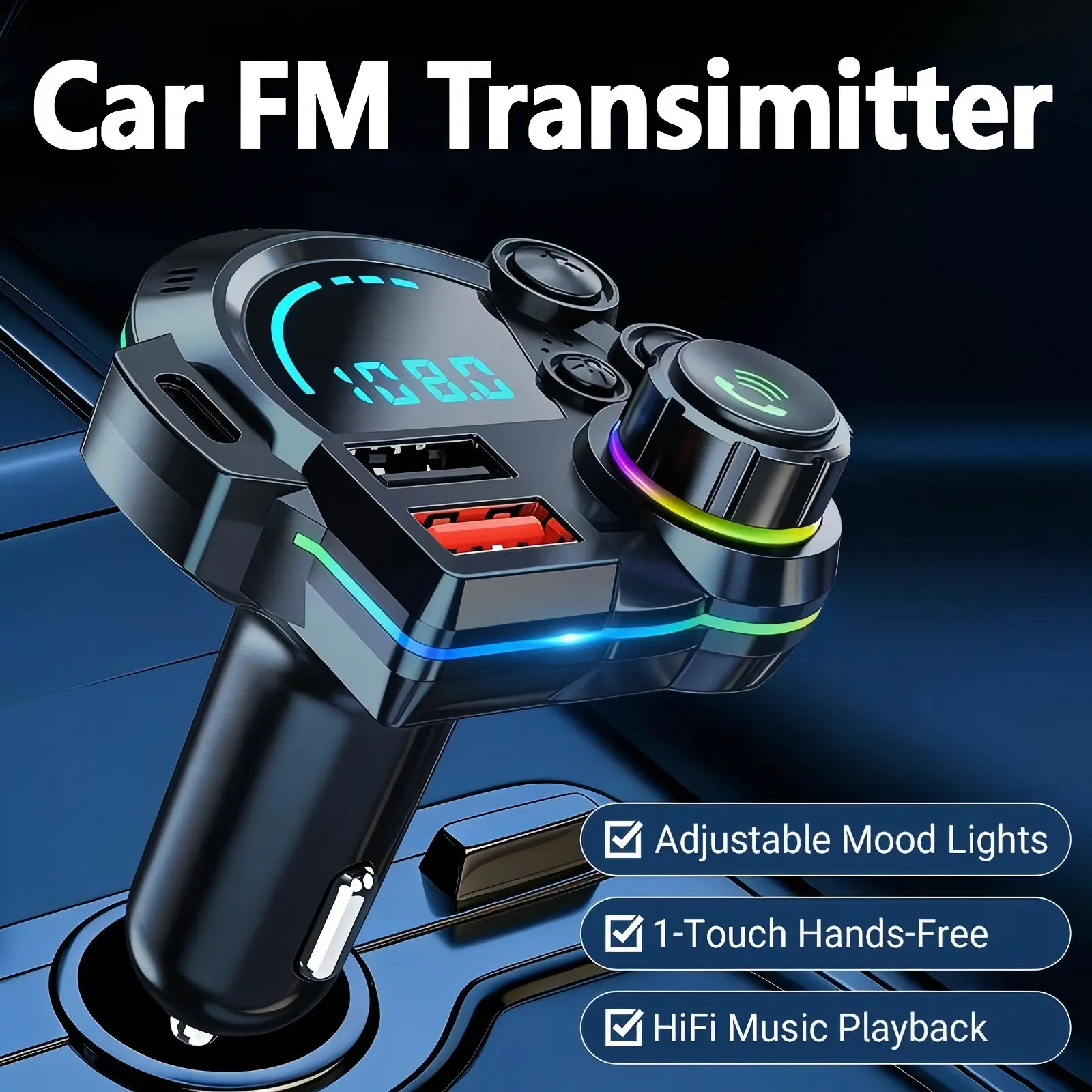 【summerfinds】 Bluetooth 5.3 Car Radio Adapter (Bluetooth Car Adapter), RGB Colorful Light, PD 30W Type-C Fast Charger, Deep Bass Boost Music Player, Hands-Free Kit, LED Display, Universal Fit, Road Trip Essential, Men’s Gift, Hi-Fi Lossless Playback