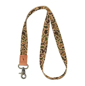 Old School Camo Long Lanyard with Leather Feature and Metal Clasp