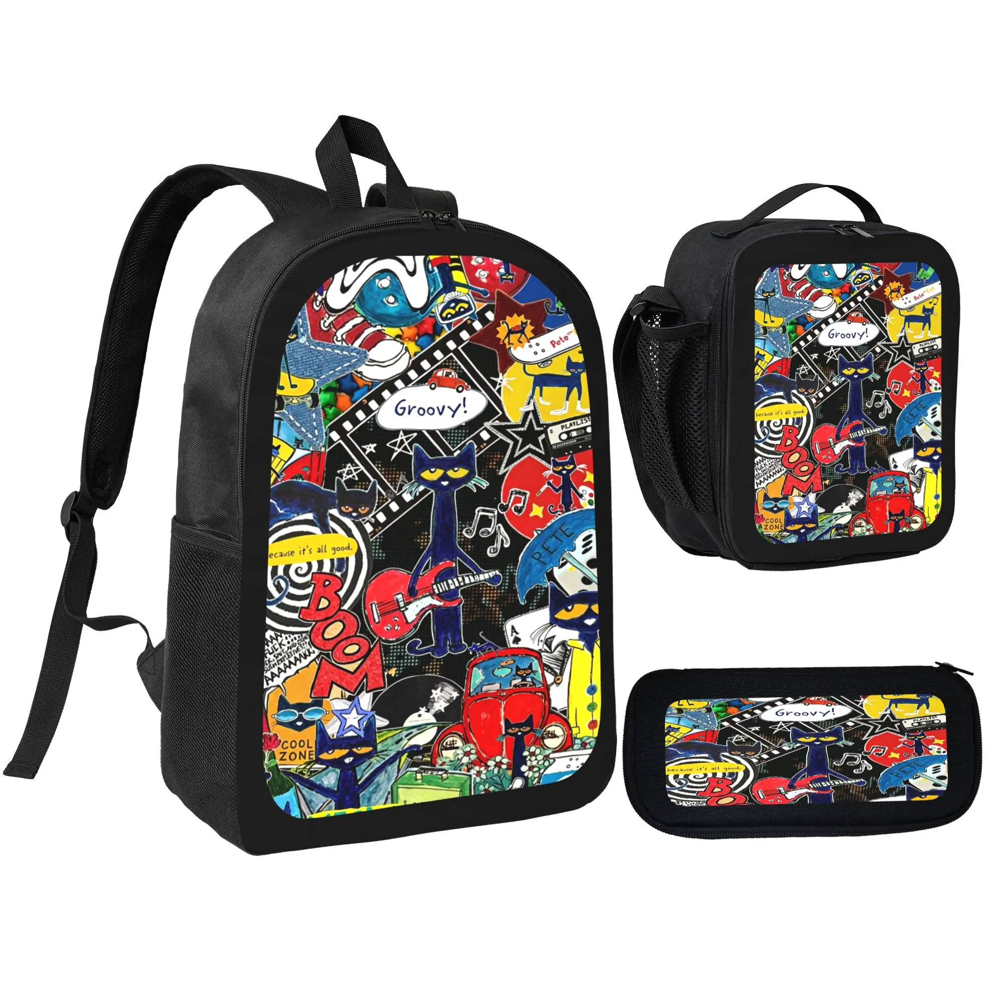 Rainbow Sun & Heart Graffiti Pete The Cat Print Backpack Large Capacity Travel Book Bag SetBackpack + Lunch Bag + Pencil Case Lightweight Waterproof Kids School Bag