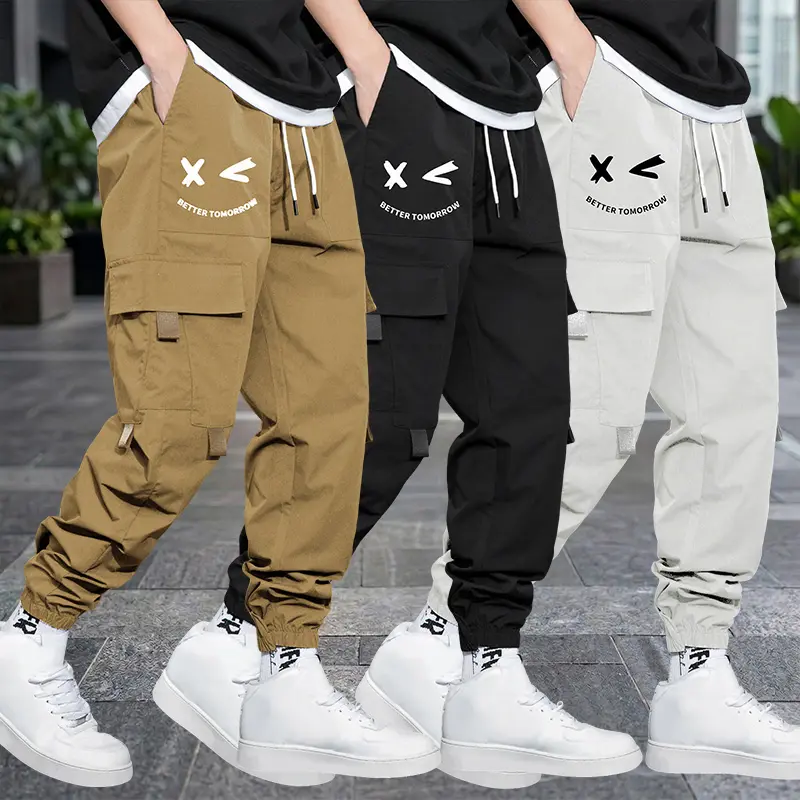 Men’s Streetwear Cargo Jogger Pants, Menswear, Printed Detailing, Large Side Pockets, Straight Slim-Fit Tapered Cut, Suitable for Everyday Street Wear & Leisure Outings