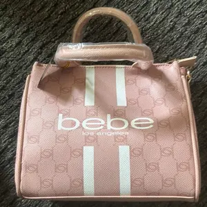 Bebe Los Angeles Pink Handbag with White Stripes and Logo Design