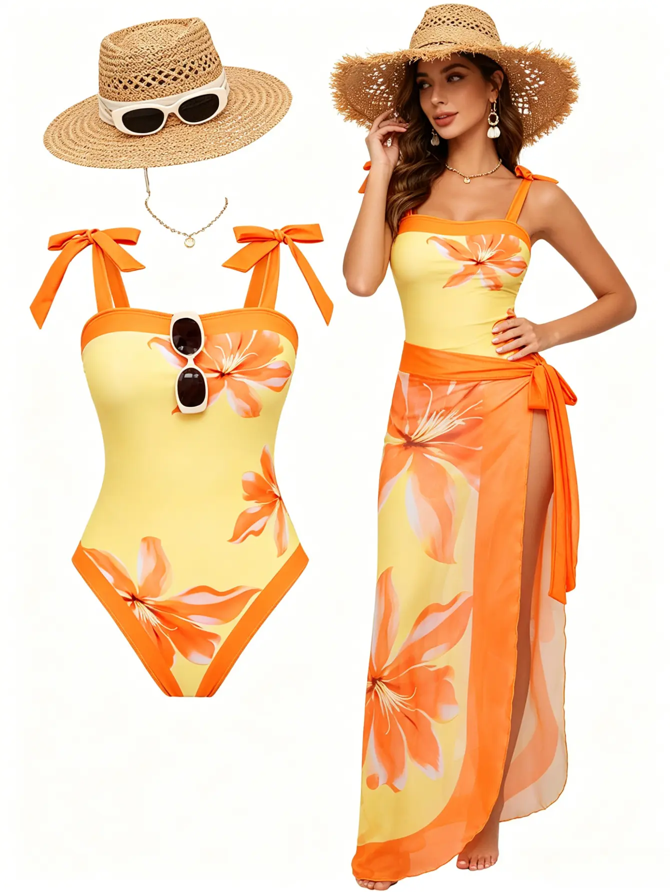 Women's 2026 Trending 2-Piece Swimsuit - Yellow Base Orange Large Flower Square Neck Bow Strap Monokini with Side Tie Sheer Sarong Skirt, Pool Bathing Suit, Beach Outfit for Tropical Seaside Holidays