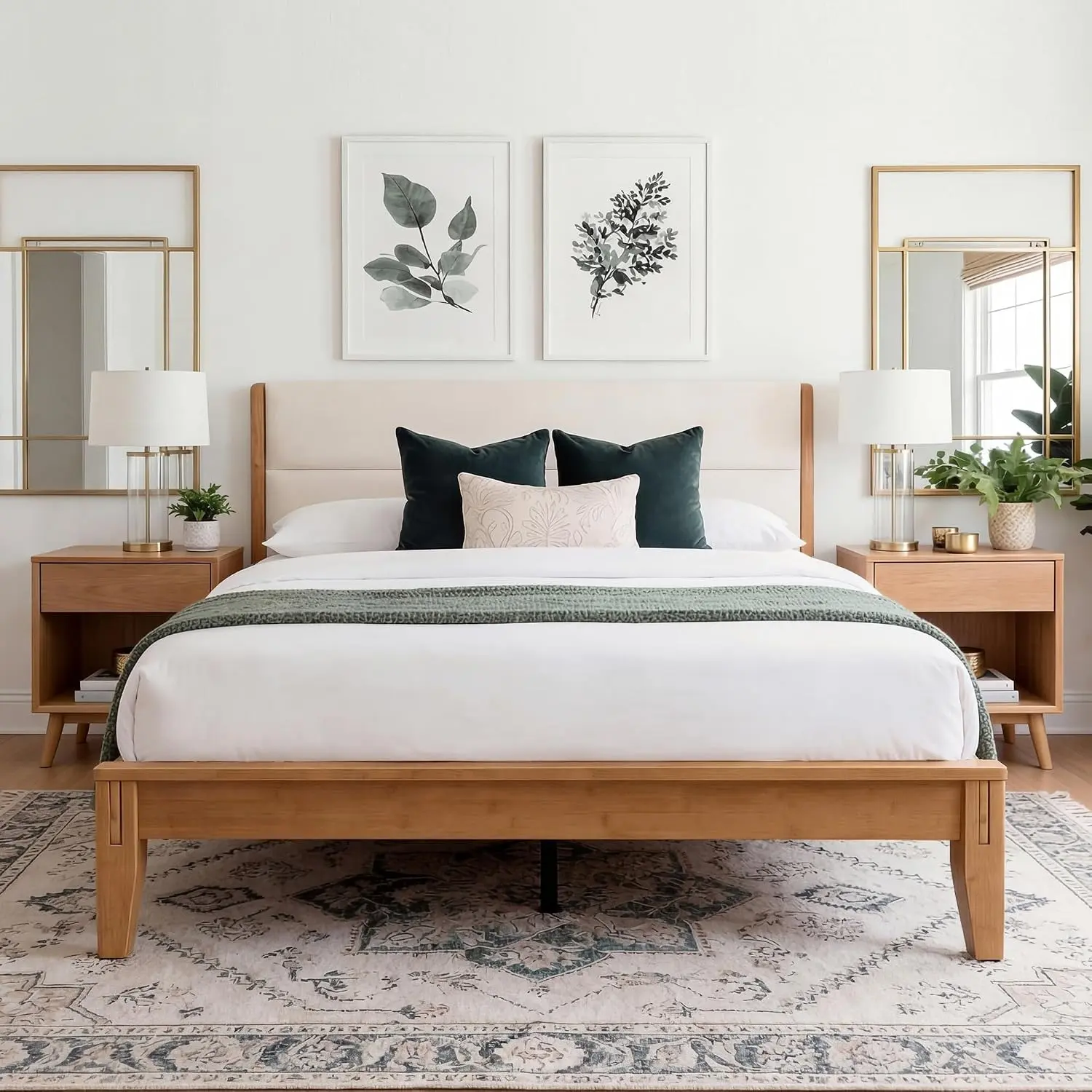 Yechen Joinery Inspired Solid Bamboo Bed Frame with Headboard (Queen/King, Natural/Walnut)