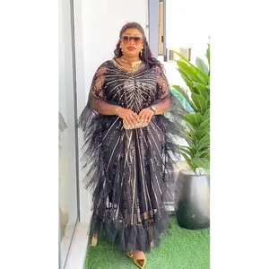 Sparkly Black & Gold Sequin Kaftan Ruffle Sleeve Maxi Dress for Party Wedding Guest Attire Mother of The Bride Engagement Ceremony Birthday Cocktail Dinner Reception Anniversary Gala Owambe Bubu Plus Size Formal Gown