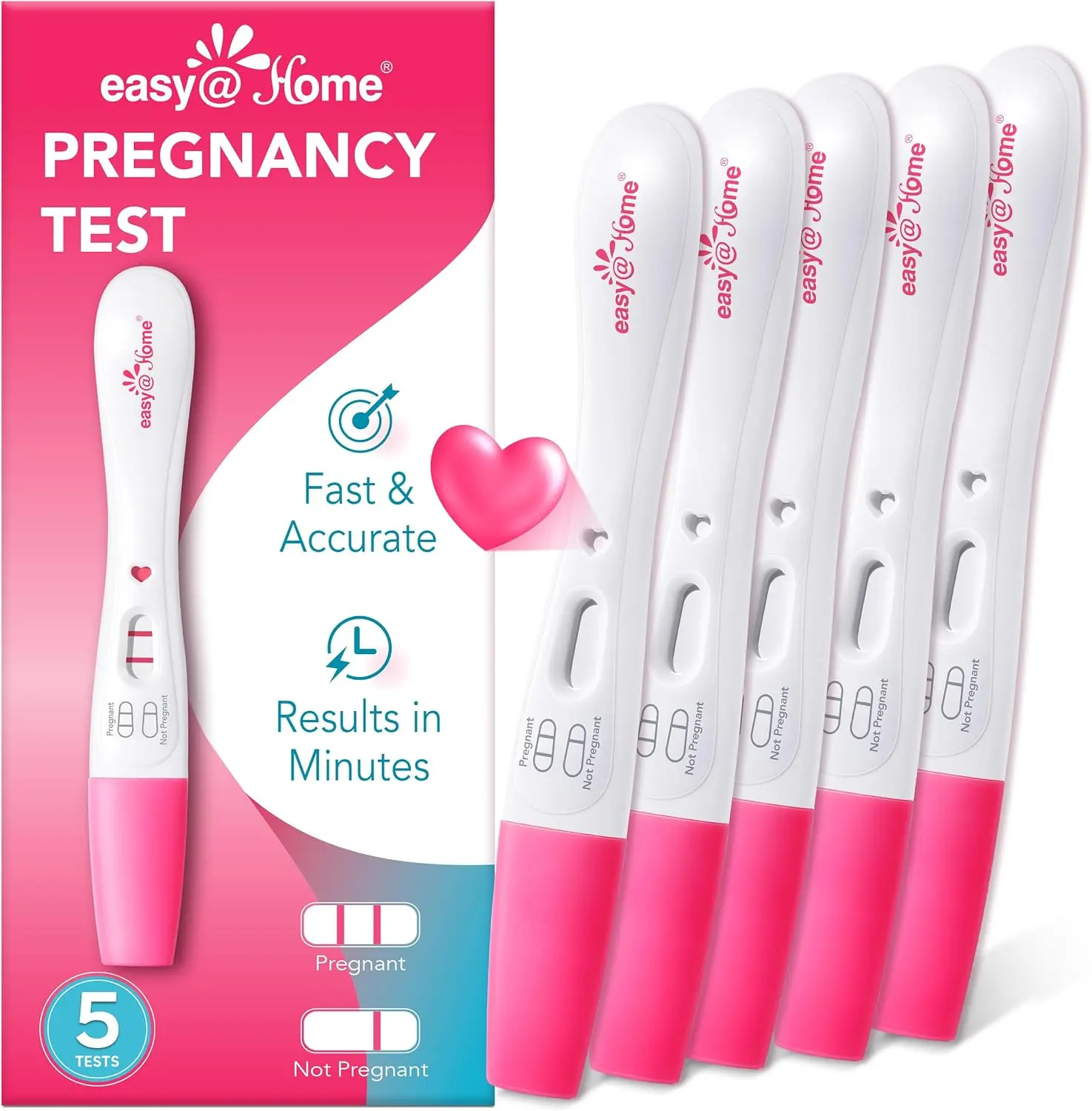 Easy@Home Smart Timing 5 Pack Pregnancy Test: Early hCG Detection - Fast Results & Easy to Use At-Home Tests with Love Heart Indicator for Women