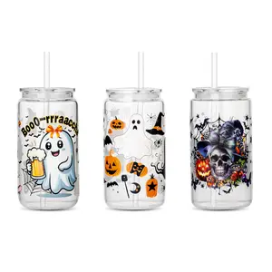 WINSA Halloween Limited Edition Glass Tumbler | 16oz with  Lid & Straw, Featuring Pumpkin, Skeleton & Ghost Designs, Aesthetic Iced Coffee Cup, Perfect as a Holiday Gift. Drinkware Bottle