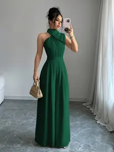 Ladies' neck hanging wide leg jumpsuit, cross neck hanging collar design, with pockets - cinched waist folds, high waist slimming, European/light mature style - elegant temperament/dinner dress/cocktail party/wedding guests, etc, Womenswear