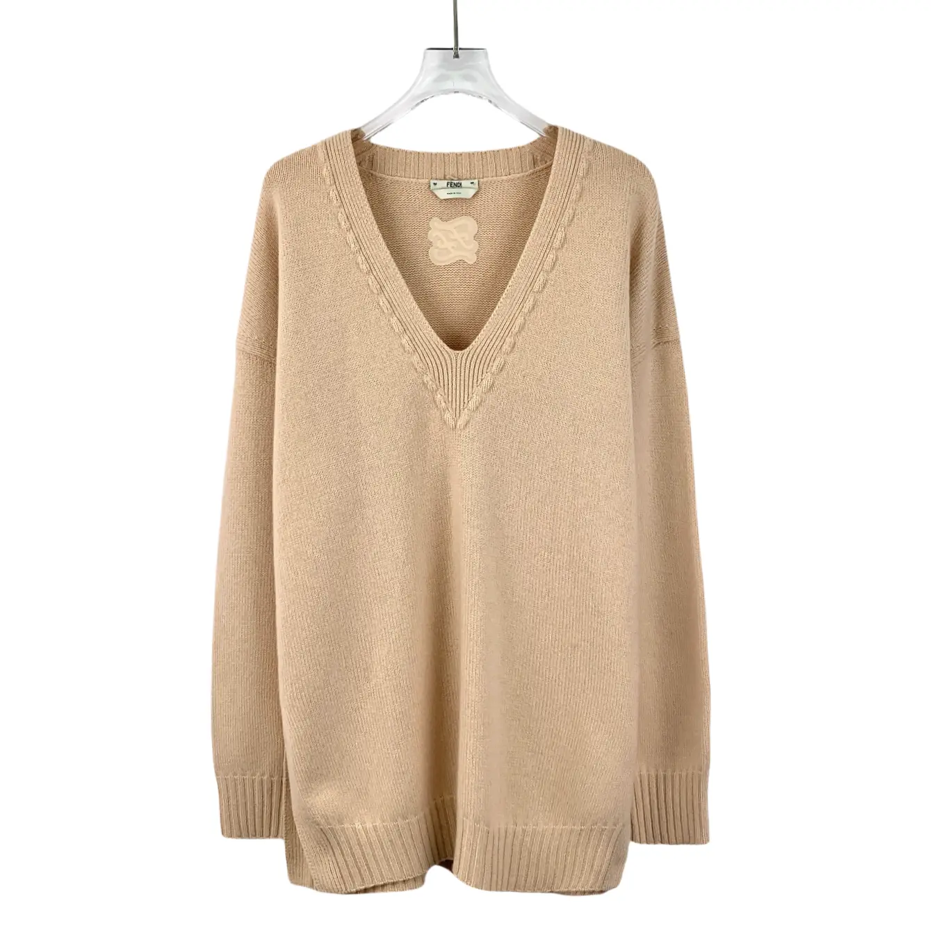 RDLT— Fendi Beige Logo Embroidered Cashmere V-Neck Knit Sweater Size 40