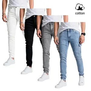 Men's High Cotton Slim Fit Cargo Skinny Jeans, Multi-Pocket Stretch Distressed Denim Pants, Casual Streetwear Skinny Biker Jeans for Everyday and Night Out