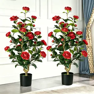 3-footArtificial Camellia Potted Plant with Vibrant Red Full Bloom Flowers, Fake Camellia Tree in Black Plastic Pot, Perfect Indoor Outdoor Decor for Porch Bedroom Balcony Party Decorations[2 Pack]