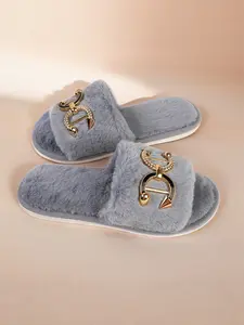 Women's Winter Slippers, Soft Sole, Fashion Solid Color with Shiny Accents, Breathable, Anti-Slip, Casual Retro Style, All Seasons, Fuzzy House Slippers