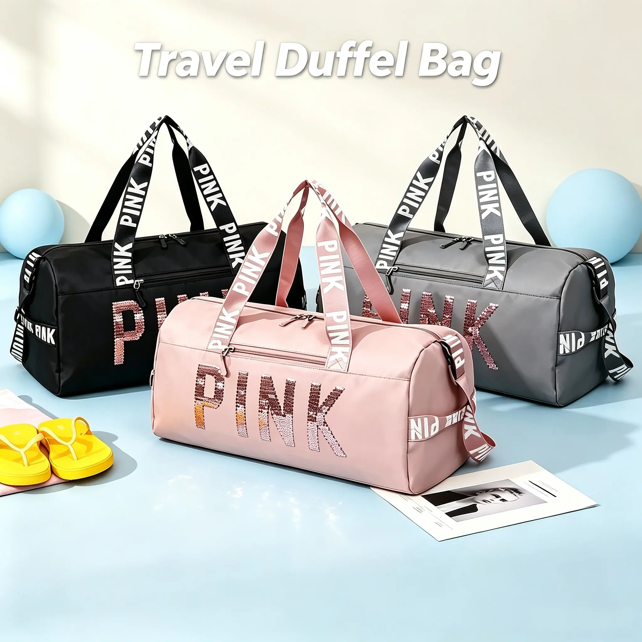 Multifunctional Water-Resistant Gym Shoulder Crossbody Bag, Lightweight Woven Fabric Large Capacity Bag with Separate Shoe Compartment & Multi-Pocket Design, Fashion Letter Print for Trip Overnight
