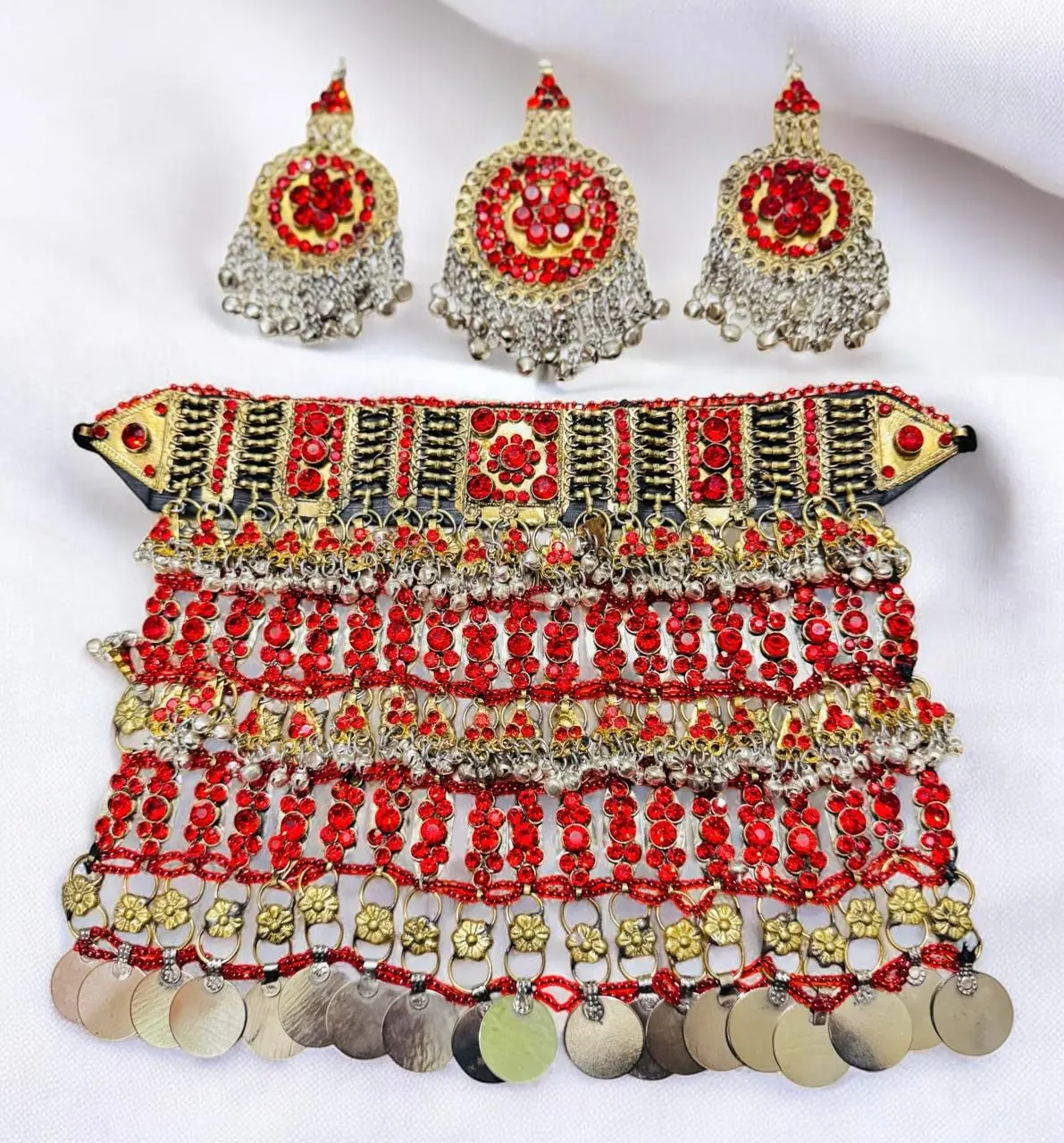 Women's Handmade Red Afghan Kuchi 2-Piece Ethnic-Inspired Jewelry Set - Traditional Ethnic Style Belt & Choker-Type Earrings, Intricate Beading, Coin Details, Rich Blue Stones, Antique Gold Metal Jingling Charms, Geometric Art for Weddings