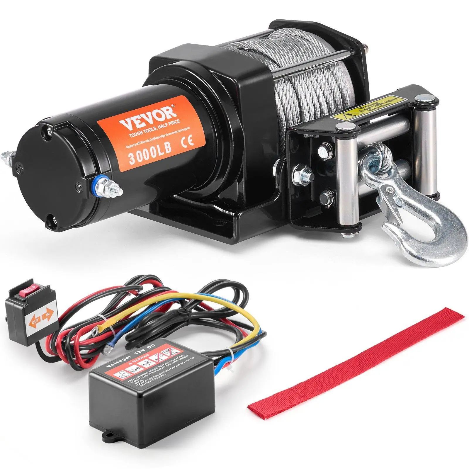 VEVOR Heavy Duty 12V DC Electric Winch for ATV-UTV Off-Roading, 3000 lbs Steel Cable, 1.3 HP Motor, 153:1 Gear Ratio, IP55 Waterproof Rating, Wired Remote Control, Easy-to-Follow Instructions for Towing Jobs