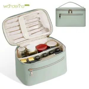 Wandering Nature Makeup Bag for Women – Vegan Leather Travel Cosmetic Organizer with Brush Compartment, Large Capacity Toiletry Case for Everyday & Gift