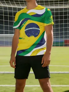 men's short sleeve T-shirt Brazil Flag Design Pattern Print spring and summer 3D printing sports leisure Top suitable for outdoor casual sports, breathable fabric clothing football jersey, Athletic Shirt