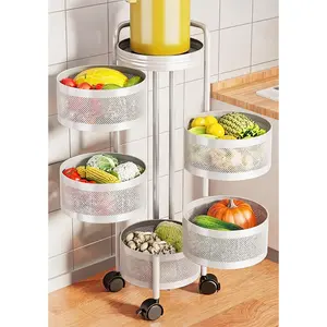 Thickened Carbon Steel Rotating Kitchen Storage Cart with Wheels, Mobile Utility Rack with Top Lid, Fruit Vegetable Basket, Rotating Produce Organizer for Bathroom Living Room, No Assembly