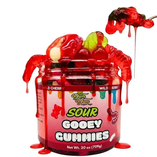 Sour Gooey Gummies, Sour Wild Cherry Candy, Gummy Candy Mix, Ooze Sticky Gummies, Liquid Chewy Sweet Treat Resealable Container