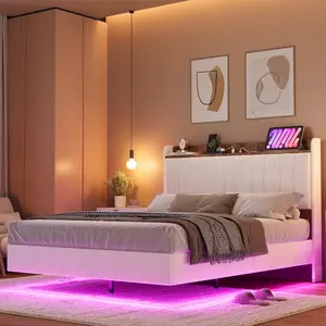 Queen Floating Bed Frame with LED Lights  Charging Station No Box Spring Needed Easy to Assemble White