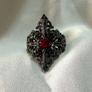 Gothic Punk Style Red Zircon Inlay Black Color Cross Adjustable Rings for Women Middle Ages Rings Party Jewelry Accessories