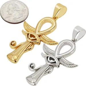 316L Stainless Steel 18k Yellow Gold Plated Evil Eye Ankh Cross Pendant