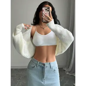 Plain Long Sleeve Minimalist Cropped Cardigan, Casual Everyday Wear,Long Sleeve Tops Fall Winter Cloth For Women