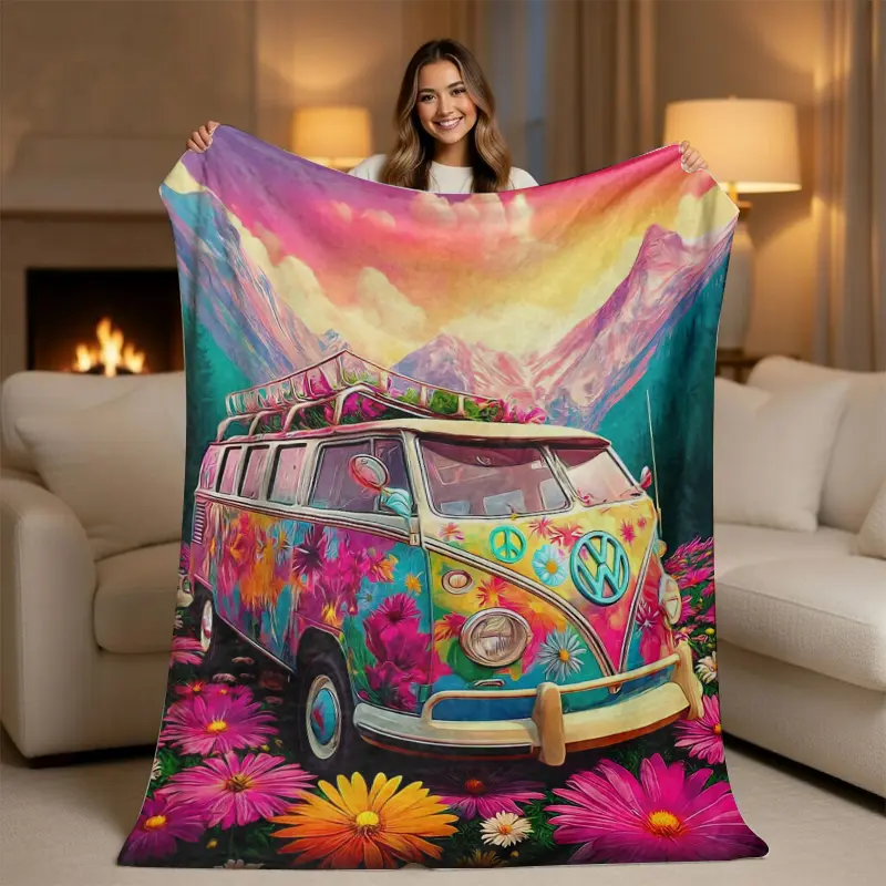 Retro Hippie Van Floral Throw Blanket - 70s Vintage Boho Aesthetic, Colorful Psychedelic Flower Bus Design, Ultra Soft Cozy Plush, Boho, Art Graphic, Assorted Color, Bobo Style Flower Blankets for Couch & Travel Decor Gift, Boho Blankets