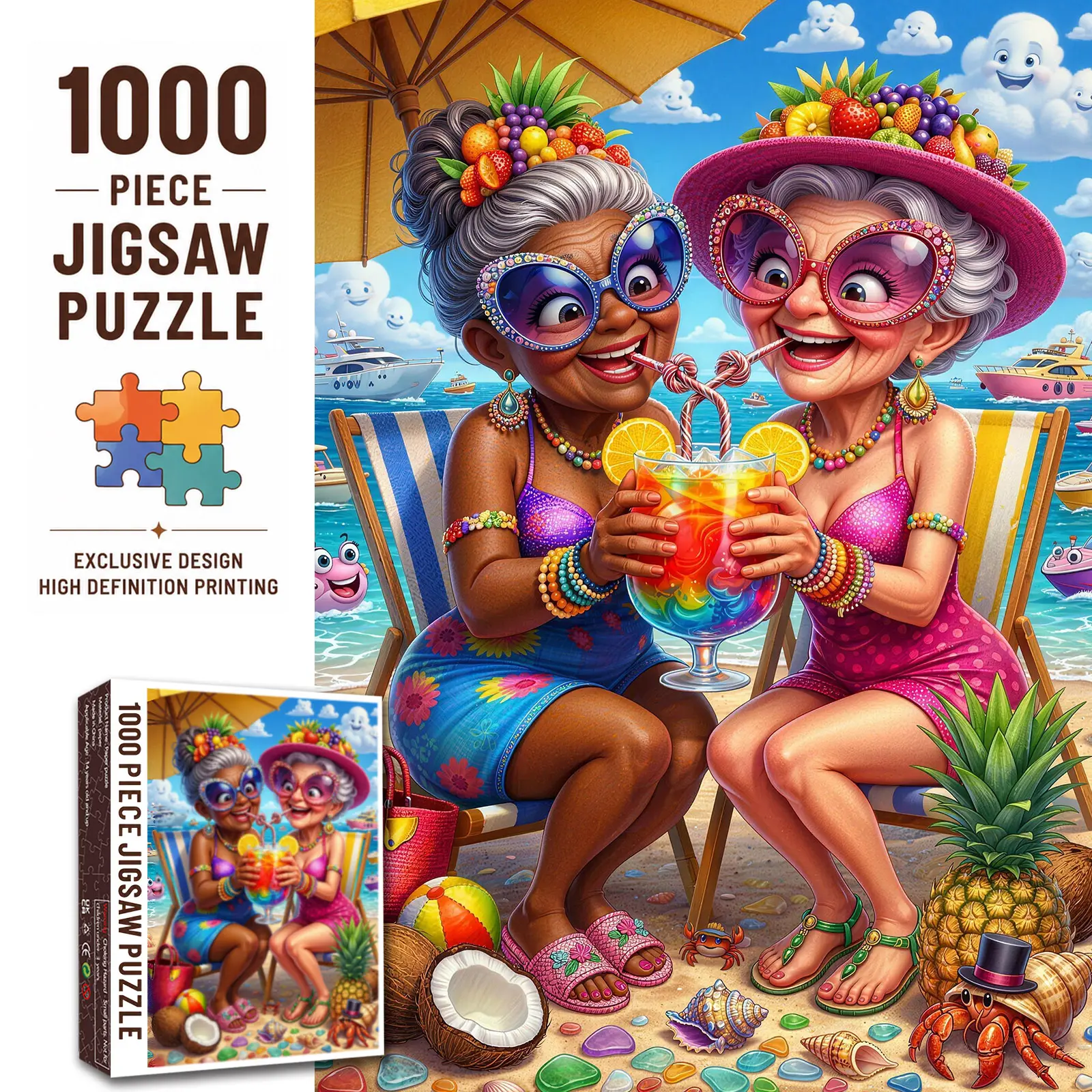 Walarky Funny Beach Friends 1000 Pieces Jigsaw Puzzle for Adults, Colorful Summer Vacation Puzzle for Family Game Night, Stress Relief Relaxation, Brain Challenge, Wall Decor, Gift for Seniors and Beach Lovers, 27.5x20inch(70x50cm)