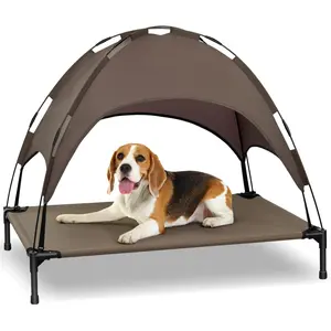Elevated Dog Bed with Canopy – Portable Outdoor Cooling Pet Cot with Removable Shade Mats