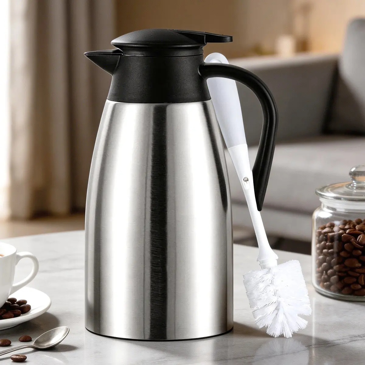 68oz/2L Insulated Coffee Carafe Airpot, Stainless Steel Vacuum Thermal Pot, Keeps Hot 12 Hours, Cold 24 Hours, Includes Cleaning Brush, Drinkware, Stainless Steel Pitcher, Stainless Steel Water Jug