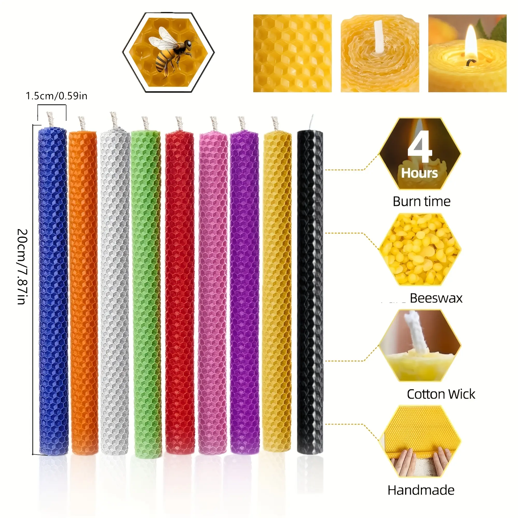 27pcs 1.5x20cm Multi-Color Handmade Beeswax Taper Candles, Long Honeycomb Textured Thin Stick Candles with Wick, Light for Table, Hanukkah Home Decor & Gift (Comes in Box), 27Pcs 1.5X20cm Multi-Color Beeswax Candles, Decoration